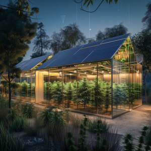cannabis cultivation facility with plants, solar panels on the roof